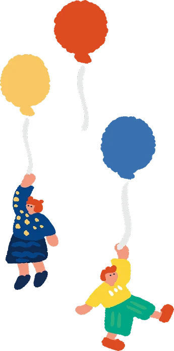 風船に乗った子どものイラスト